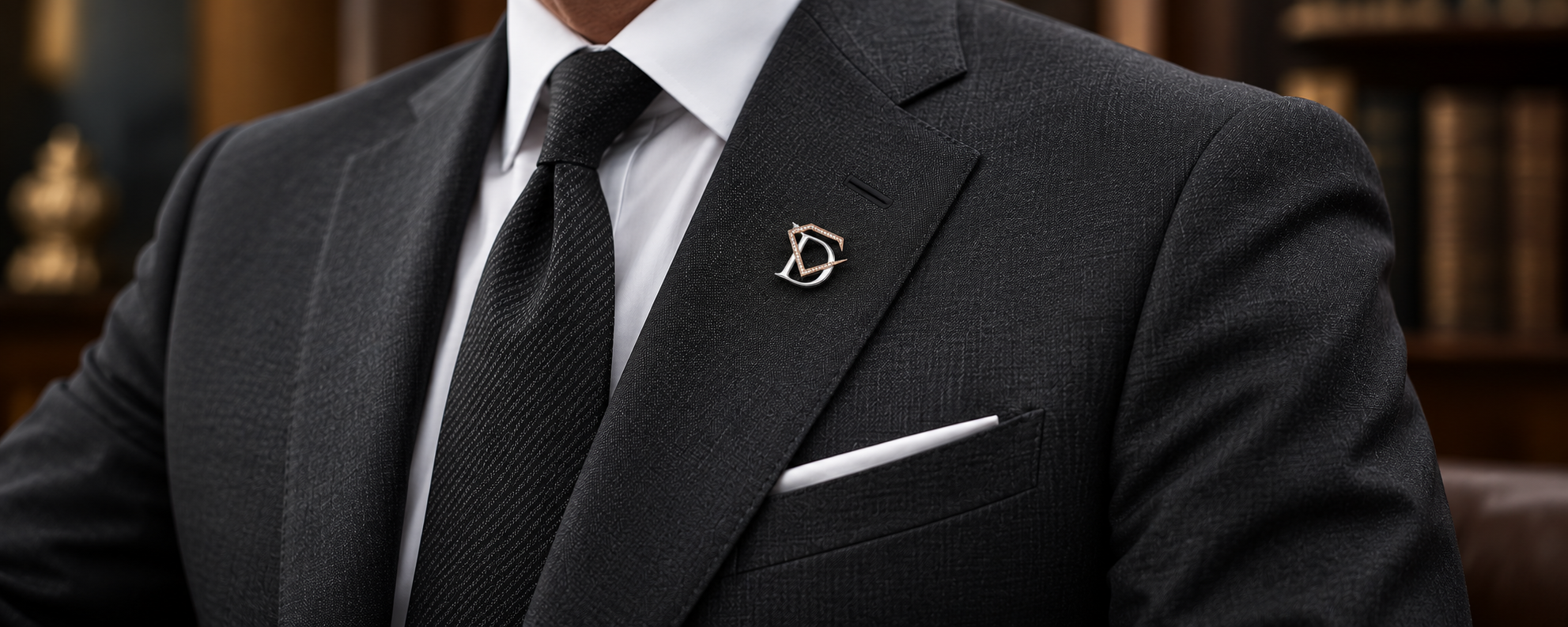 Luxury custom gold corporate lapel pins and executive cufflinks on a cream background by Pel & Co in Los Angeles