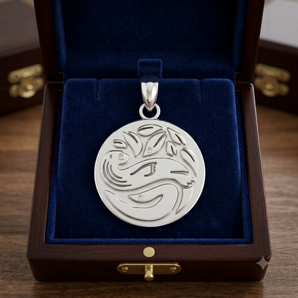 Bespoke solid gold commemorative logo pendant designed by Pel & Co for a school's zoo, featuring a highly detailed custom-embossed institutional crest.