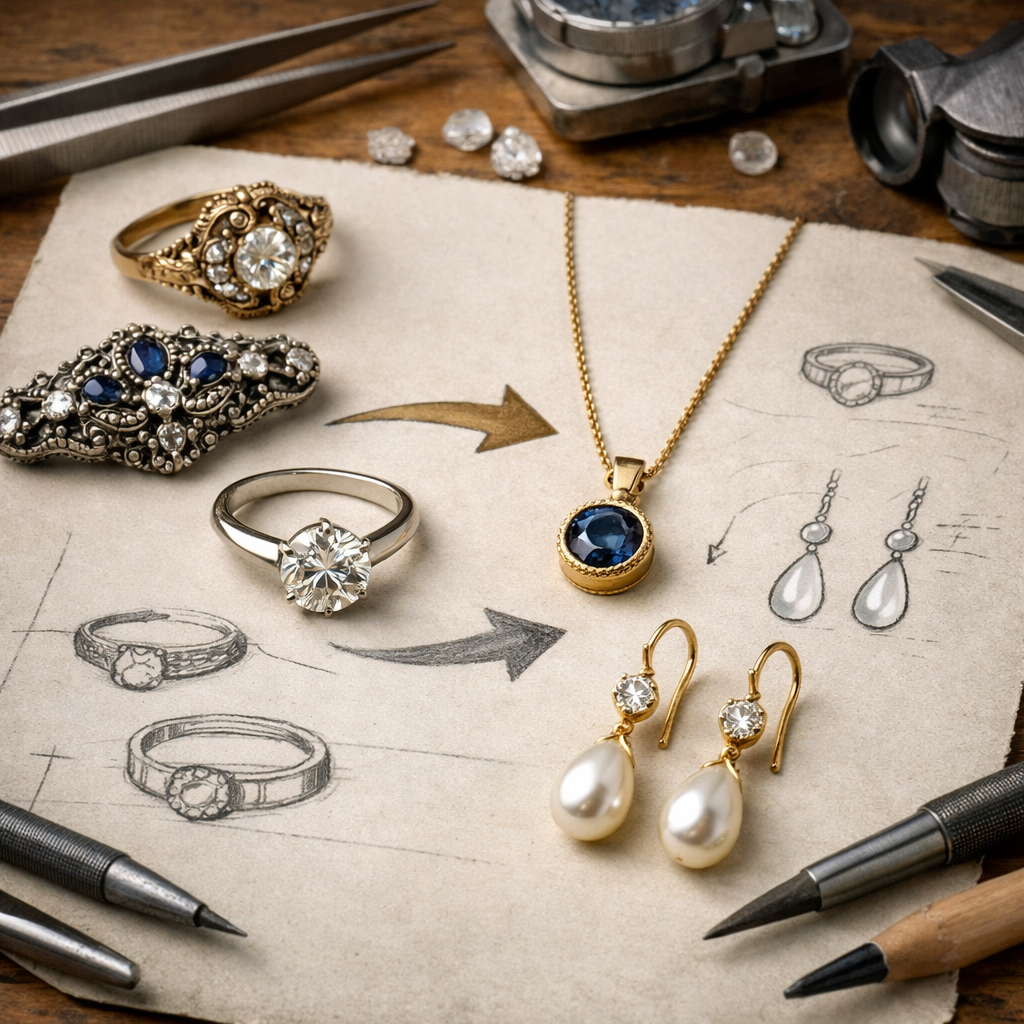 Repurposed heirloom jewelry by Pel & Co., featuring diamonds, emeralds, and gold pieces redesigned into modern, wearable rings, pendants, earrings, and brooches. Perfect example of custom heirloom redesign and meaningful jewelry.