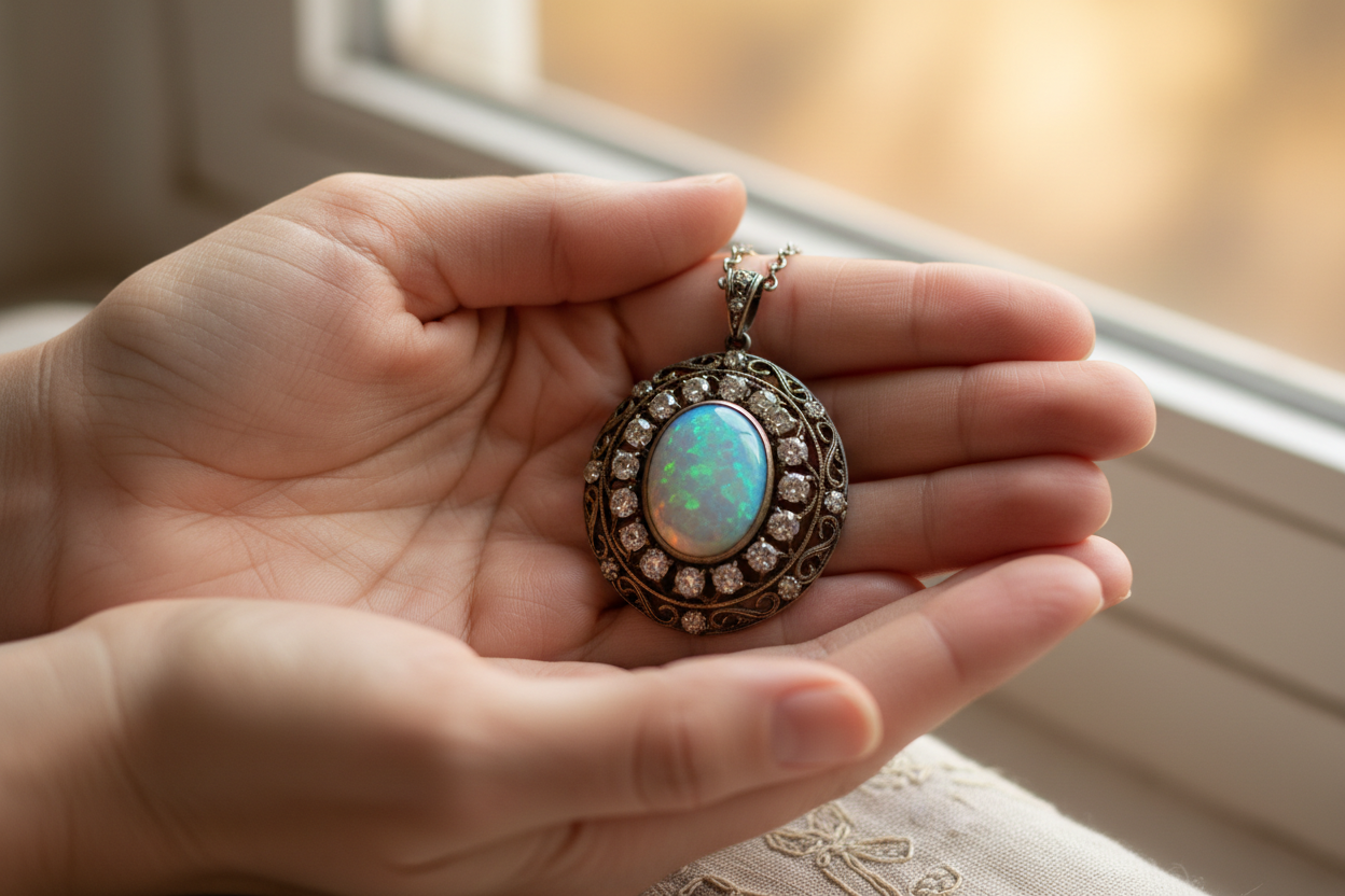 Hand holding a pendant with an opal stone and decorative frame.