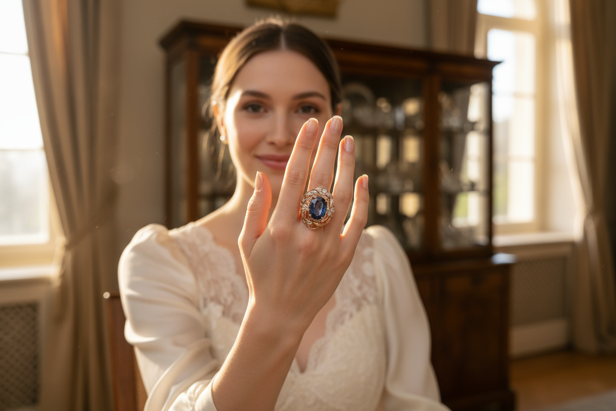 woman showcasing her repurpose jewelry from an heirloim piece, ring